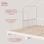 Bellabino Kinderbett Bia 140x200 cm, Hausbett Kinder inkl. Rausfallschutz und Rolllattenrost, Montessori Bodenbett weiß aus Massivholz Kiefer