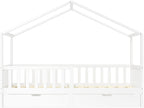 Bellabino Kinderbett Bia 140x200 cm, Hausbett Kinder inkl. Rausfallschutz und Rolllattenrost, Montessori Bodenbett weiß aus Massivholz Kiefer
