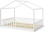 Bellabino Kinderbett Bia 140x200 cm, Hausbett Kinder inkl. Rausfallschutz und Rolllattenrost, Montessori Bodenbett weiß aus Massivholz Kiefer