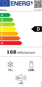 Bomann® Kühlgefrierkombination, 269 L Nutzinhalt - Kühlen: 198 L | Gefrieren: 71 L, Energiesparend, leise 39 dB, LED, wechselbarer Türanschlag, Höhe:180 x Breite: 55 x Tiefe: 55.8 cm - KG 184.1 weiß