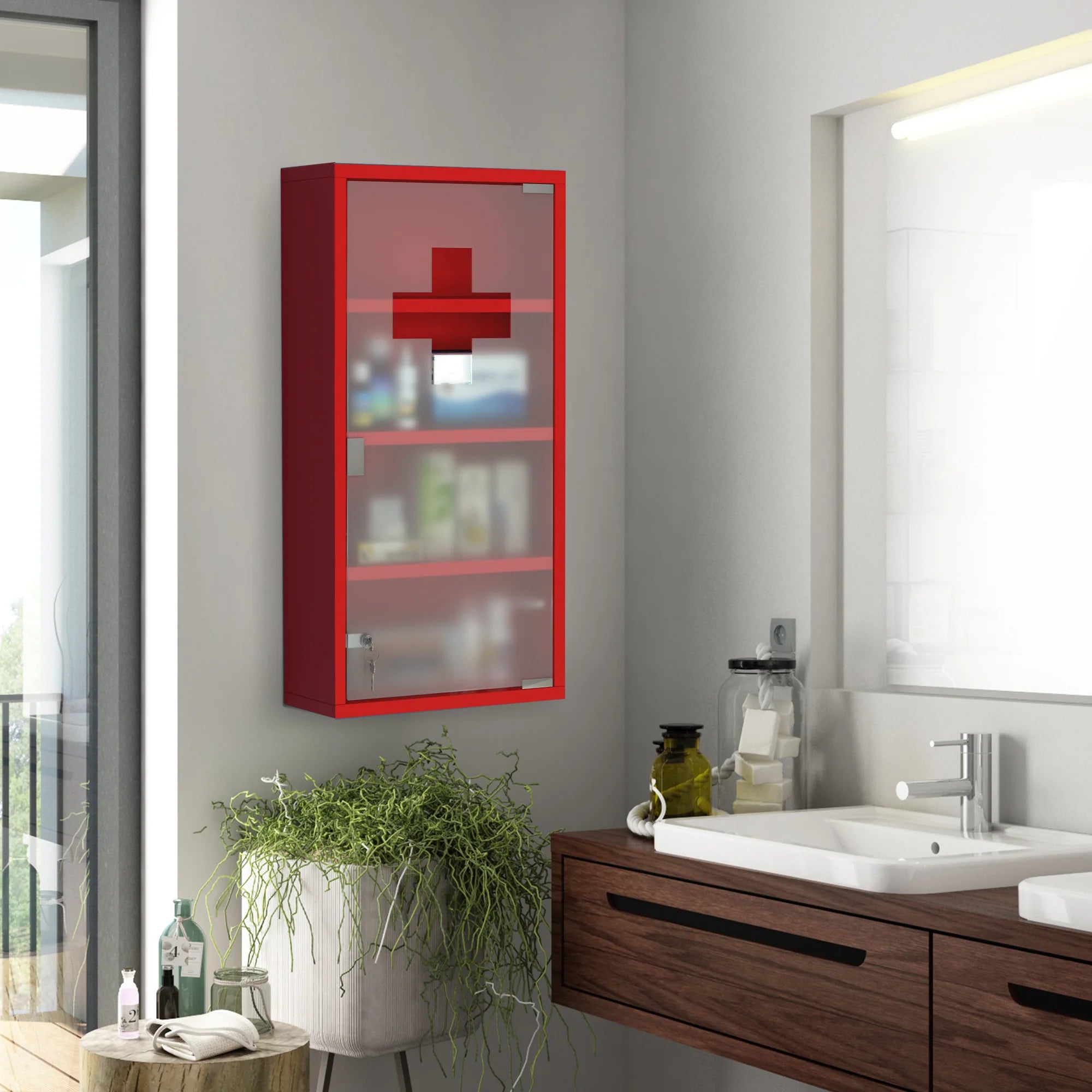 HOMCOM Medizinschrank abschließbar Tip-On Automatik Sicherheitsglas