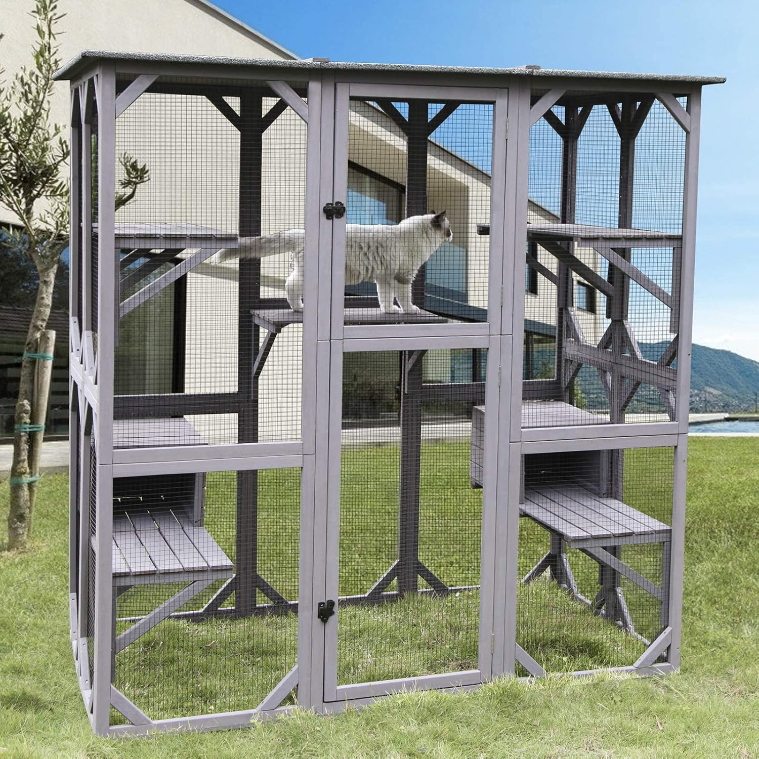 Katzenhaus Outdoor Catio Kitty Gehege mit super großer Eingangstür, Holz-Katzenkäfig Condo Indoor-Laufstall mit Plattformen und kleinem Haus