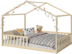 Bellabino Kinderbett Bia 140x200 cm, Hausbett Kinder inkl. Rausfallschutz und Rolllattenrost, Montessori Bodenbett weiß aus Massivholz Kiefer