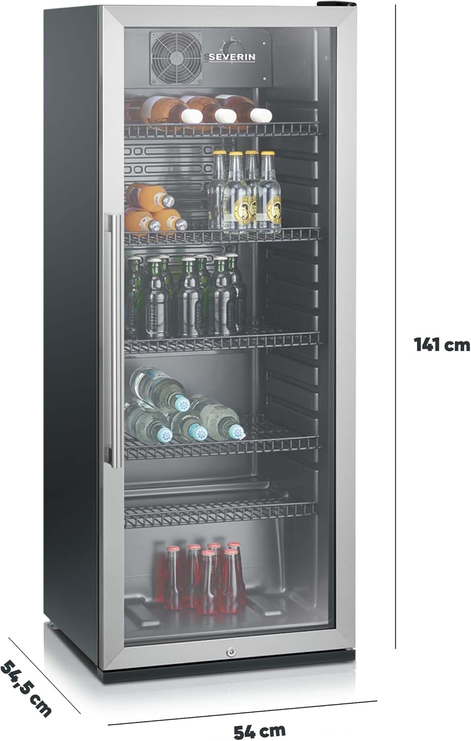 SEVERIN Flaschenkühlschrank, mit integriertem Schloss und integrierter LED-Beleuchtung, 118 L Nutzinhalt, schwarz/silber, FSK 8840