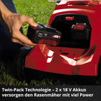 Einhell Akku-Rasenmher RASARRO 36/38 Kit Power X-Change (36 V, 38 cm Schnittbreite, 450 m, Brushless, Mulchfunktion, 45L Fangkorb, inkl. 2x 4,0 Ah Akkus + Twincharger)