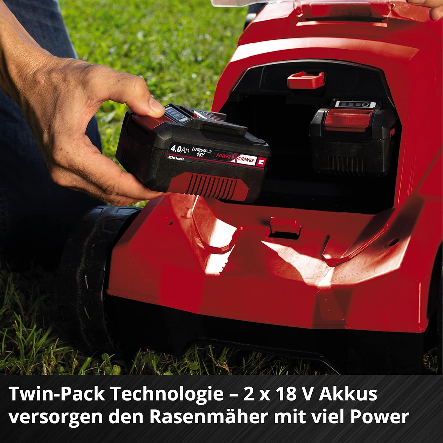 Einhell Akku-Rasenmher RASARRO 36/38 Kit Power X-Change (36 V, 38 cm Schnittbreite, 450 m, Brushless, Mulchfunktion, 45L Fangkorb, inkl. 2x 4,0 Ah Akkus + Twincharger)