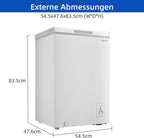 CHiQ FCF98DE Gefriertruhe 99 L, 54,5 x 47,6 x 83,5 cm, 4-Sterne-Gefrieren, Thermostatsteuerung, Drahtgestell, Schwebetür, Geräuscharm, Weiß