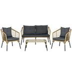 Outsunny Polyrattan Gartensofa-Set 4-tlg. Boho-Stil Glas-Couchtisch