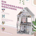 AIYAPLAY Puppenhaus Holz 3-stöckig mit 13 Möbeln offenes Spiel