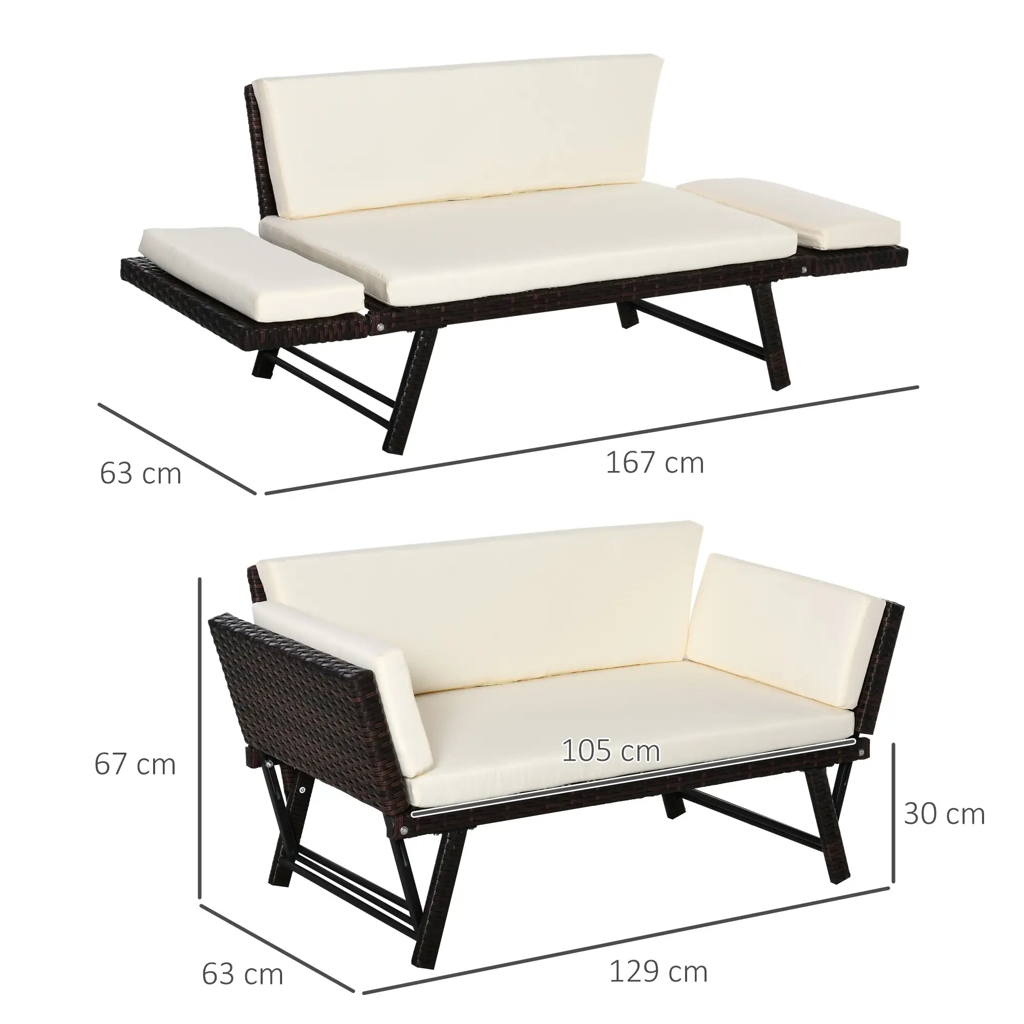 Outsunny Polyrattan Gartensofa 2-Sitzer klappbare Armlehnen