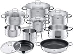 Silit Toskana Topfset induktionsgeeignet 10-teilig, Kochtopf Set mit Glasdeckel, Induktionskochtöpfe, Milchtopf, Dämpfer, Pfanne, Edelstahl teilmattiert, Induktions Töpfe Set unbeschichtet