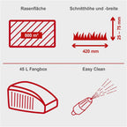 Scheppach Rasenmäher RM420 | 3in1-3,4PS | Schnittbreite 420mm | 45L Fangkorb | Schnitthöhenverstellung 25-75 mm | inkl. Motoröl