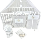Bello24 - 16 Teiliges Babybett Kinderbett und Bettwäsche komplett Set Happy Leo inkl. Matratze höhenverstellbar für Neugeborene Babys und Kleinkinder aus Massivholz (Grau - Teddybär Mond)