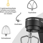 KLAMER Küchenmaschine 1800W, Knetmaschine Brotteig mit Edelstahl-Rührschüssel 6 L, 10 Stufen mit Timer, Planetenrührwerk, Rührbesen, Knethaken, Schneebesen & Sichtdeckel (schwarz)