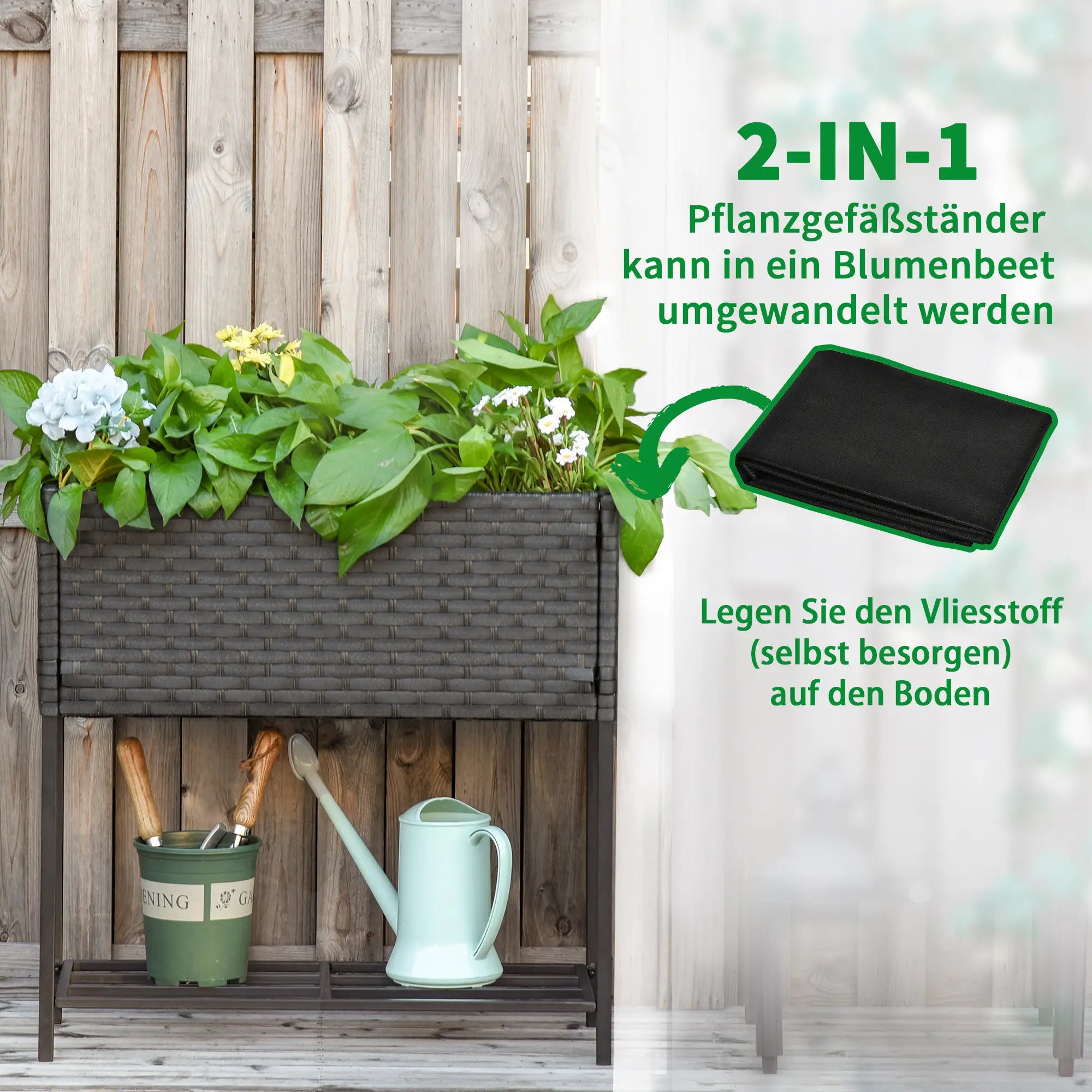 Outsunny Hochbeet Pflanzkübel rückenschonend mit Ablage Poly-Rattan
