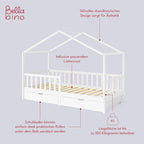 Bellabino Kinderbett Bia 140x200 cm, Hausbett Kinder inkl. Rausfallschutz und Rolllattenrost, Montessori Bodenbett weiß aus Massivholz Kiefer
