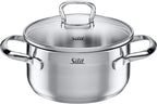 Silit Toskana Topfset induktionsgeeignet 10-teilig, Kochtopf Set mit Glasdeckel, Induktionskochtöpfe, Milchtopf, Dämpfer, Pfanne, Edelstahl teilmattiert, Induktions Töpfe Set unbeschichtet