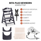 hauck Hochstuhl Beta+ Newborn Set Premium Dark Grey - Babyhochstuhl Set ab Geburt mit Neugeborenen Aufsatz Bouncer, Sitzpolster und Essbrett - Dark Grey