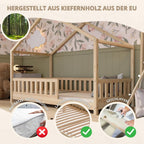Crazy Pine Hausbett mit Schubladen 200x90 cm – Kinderbett aus Naturholz mit Rausfallschutz – Montessori Bodenbett mit zusätzlichen Stauraum und und Abnehmbarer Barriere - Crazy House