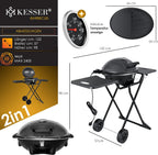 KESSER elektrischer Elektrogrill 2in1 Tischgrill - Standgrill mit Deckel und Standfuß | max. 2400 Watt | Faltbar | Thermostat | Antihaftbeschichtung | Grillplatte Abstelltische | 2 Räder |