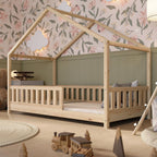 Crazy Pine Hausbett mit Schubladen 200x90 cm – Kinderbett aus Naturholz mit Rausfallschutz – Montessori Bodenbett mit zusätzlichen Stauraum und und Abnehmbarer Barriere - Crazy House