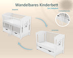 Baby Delux Babybett 60x120 weiß Kinderbett umbaubar zum Juniorbett Schublade Matratze Teddy Wippe Motiv