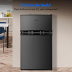 MEDION Mini Kühl-Gefrierkombination (85 Liter, 61L Kühlteil, 24L Gefrierteil, freistehend, 40 dB, transparente Gemüseschublade, Türanschlag wechselbar, MD 37689) grau