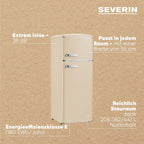 SEVERIN Retro - Kühl-/ Gefrierkombination, platzsparendes Raumwunder, 4 x höhenverstellbare Abstellflächen und eine große Veggiebox, 206 L Nutzinhalt, creme, RKG 8933