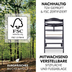 hauck Hochstuhl Beta+ Newborn Set Eco Bouncer - mitwachsender Holz Babyhochstuhl ab Geburt, inkl. Neugeborenenaufsatz, Sitzpolster und Essbrett - Dark Grey