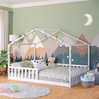 Bellabino Kinderbett Bia 140x200 cm, Hausbett Kinder inkl. Rausfallschutz und Rolllattenrost, Montessori Bodenbett weiß aus Massivholz Kiefer