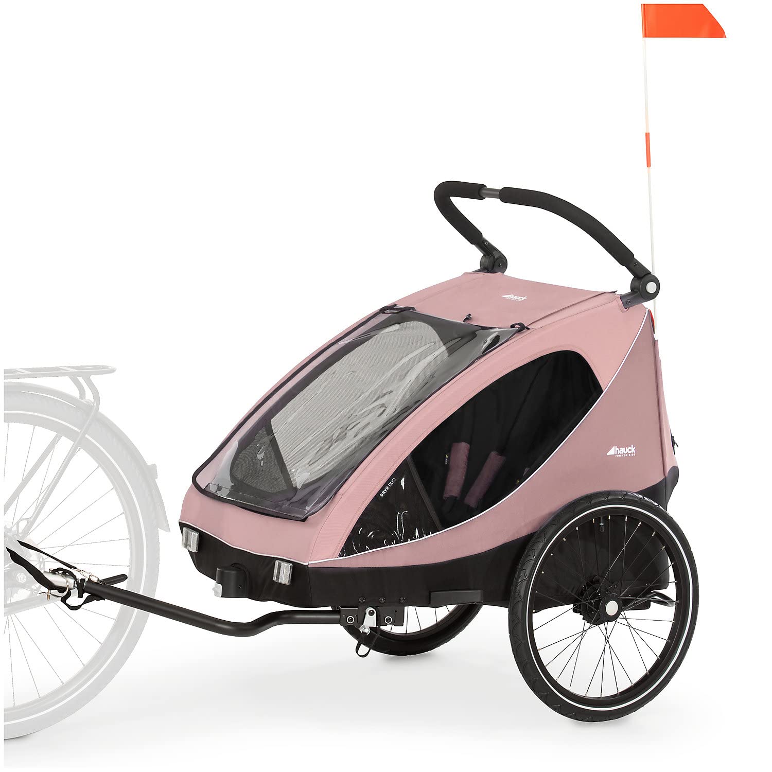 hauck Fahrradanhänger & Kinderwagen Dryk Duo Plus mit Federung, für 2 Kinder (6-48 Monate), inkl. Deichsel, Buggyrad, Fahne und LED Licht, Faltbar, Höhenverstellbar, XL Kofferaum (Dark Green)