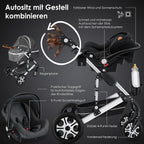 KESSER Loops 3 in 1 Kinderwagen Kombikinderwagen Komplett-Set inkl. Babywanne & Buggy Sportsitz & Auto-Babyschale Voll-Gummireifen Wickeltasche Regenschutz Kindertisch ECE R129, Schwarz/Champagne