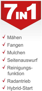 Scheppach MS150-46E Benzin Rasenmäher mit E-Start | 46cm Schnittbreite | Reinigungsfunktion | 55 Liter Fangkorb | Stahlgehäuse | 7-stufige Höhenverstellung | Mulchfunktion | Radantrieb | Seitenauswurf