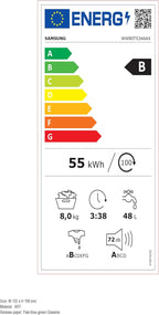 Samsung WW8NK52K0VW/EG Waschmaschine, 8 kg, 1200 U/min, SLIM Platzsparer, Ecobubble, AddWash, Hygiene-Dampfprogramm, Weiß