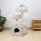 Fudajo Designer Kratzbaum in Zweigdesign 130 cm hoch, Katzenkratzbaum mit Plüsch und Sisal, Kletterbaum für Katzen, Katzenbaum mit Hängeliege