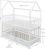 Baby Delux Babybett Komplett Set Hausbett 60x120 cm weiß Schublade Rausfallschutz Kinderbett Matratze Bettwäsche Deko Set (Prince Stars)
