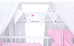 Baby Delux Babybett Komplett Set Hausbett 60x120 cm weiß Schublade Rausfallschutz Kinderbett Matratze Bettwäsche Deko Set (Prince Stars)