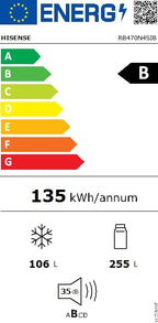 Hisense RB327N4AD2 Kühl-Gefrierkombination/ NoFrostPlus/ Multiflow 360°/ HolidayMode/ FreshZone/ 182,4 cm/ Kühlteil 171 l/ Gefrierteil 85 l/ 41 dB/ 287 kWh/ Jahr/ Edelstahl-Look