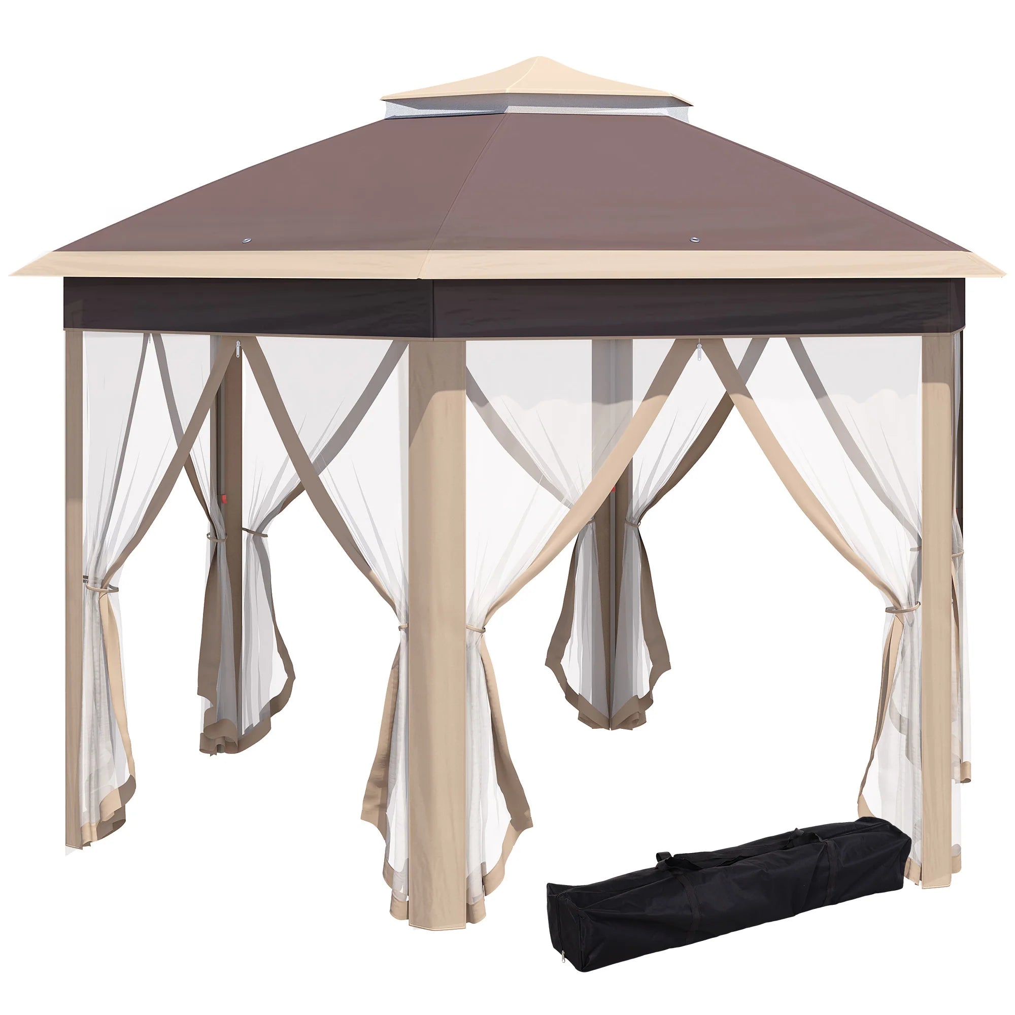 Outsunny Pavillon 4x4 m sechseckig mit Doppeldach Beige