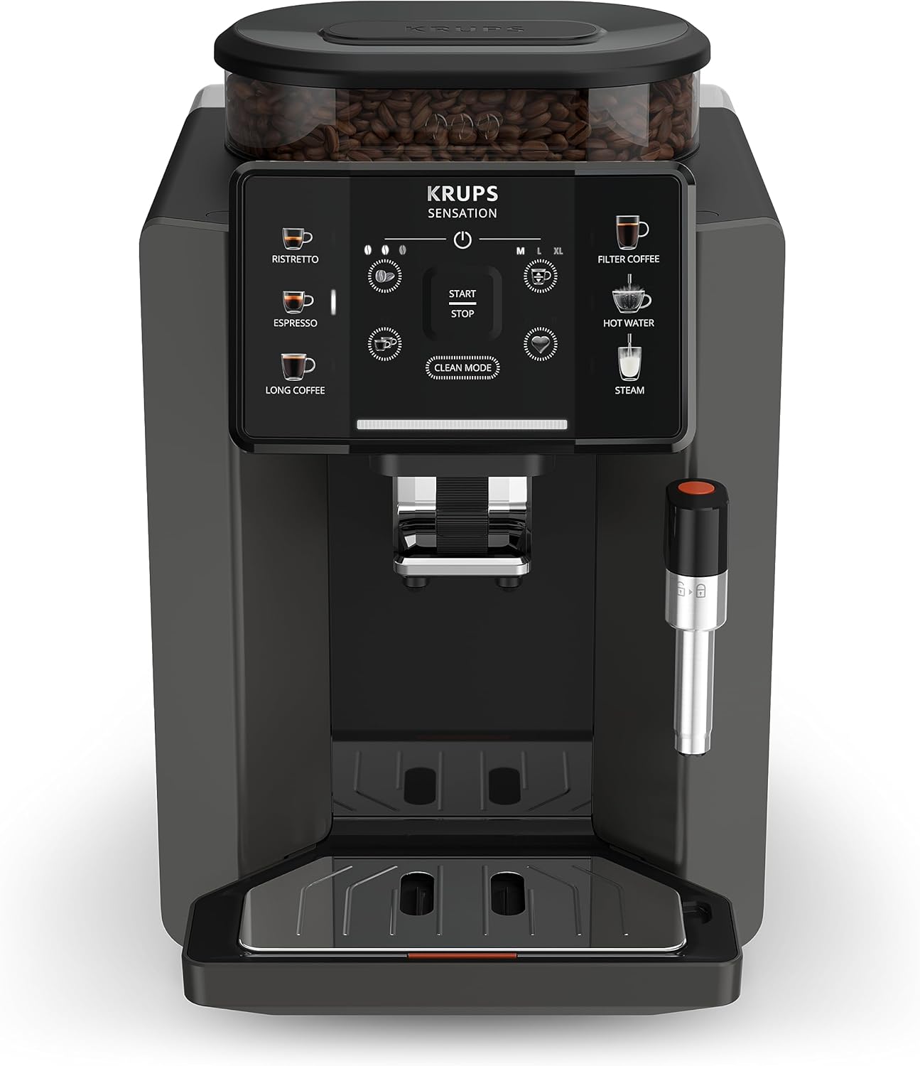 Krups Sensation Kaffeevollautomat, Milchschaumdüse, 5 Getränke, Filterkaffee-Funktion, 2-Tassen-Funktion, Kaffeemaschine, Schwarz, EA910810