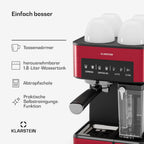 Klarstein Espresso Siebträgermaschine mit Milchaufschäumer, 1,8L Mini-Espressomaschine mit Siebträger, 20 Bar, Edelstahl, Klein, 0,5L Milchtank, 1350W Kaffeemaschine für Gemahlenen Kaffee