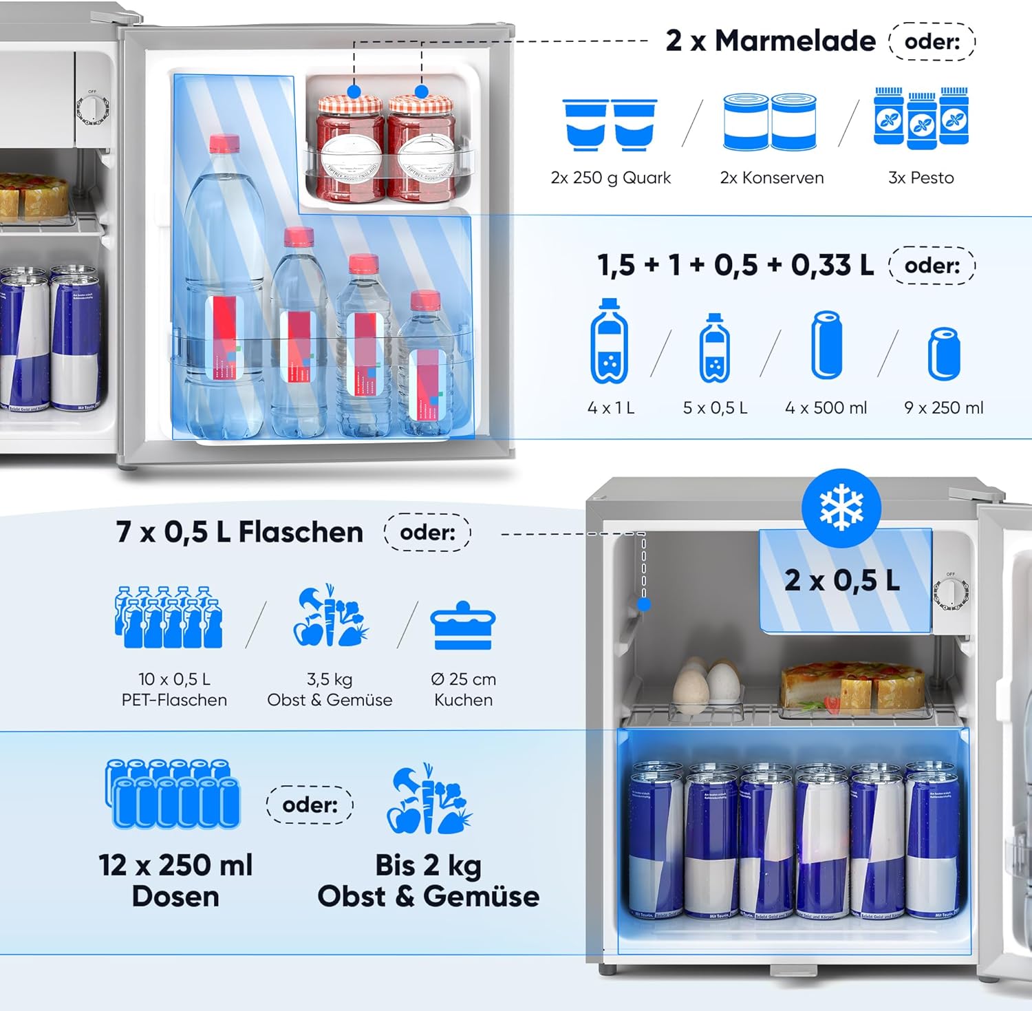 Stillstern Mini Kühlschrank E 45L mit Abtauautomatik, Schloss, Frostfach, Leise, Ideal für Küche, Büro, Schlafzimmer, Hotels und kleine Wohnungen Kühlschrank klein Minibar Getränkekühlschrank