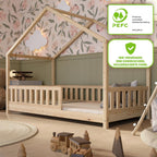 Crazy Pine Hausbett mit Schubladen 200x90 cm – Kinderbett aus Naturholz mit Rausfallschutz – Montessori Bodenbett mit zusätzlichen Stauraum und und Abnehmbarer Barriere - Crazy House