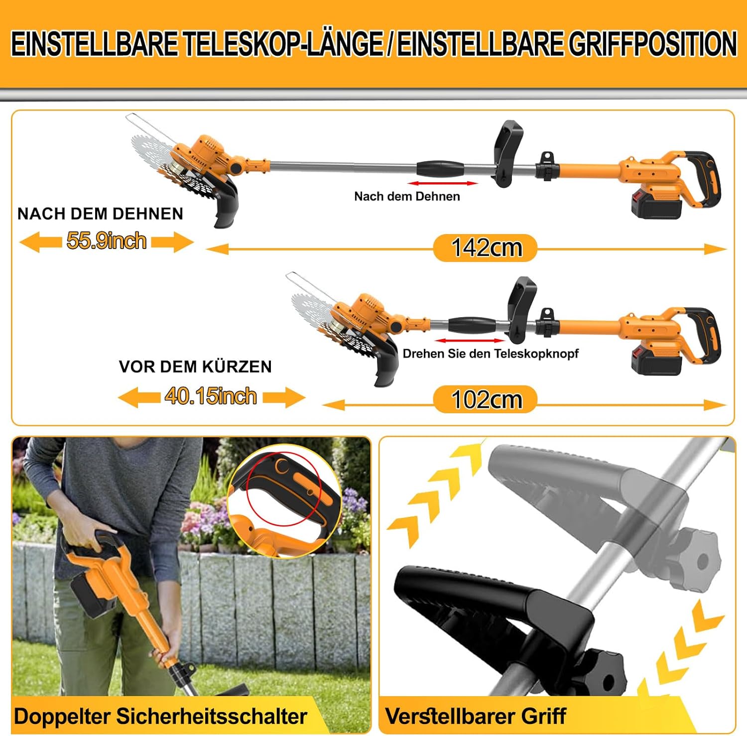 Akku Rasentrimmer mit Akku und Unkrautbürste 4 in 1 Freischneider mit Unkrautbürste 21V Bürstenloser Freischneider, Elektro Motorsense mit 2 Akku 4.0Ah und Ladegerät Teleskop, Verstellbarer, Orange