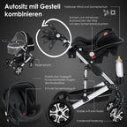 KESSER Loops 3 in 1 Kinderwagen Kombikinderwagen Komplett-Set inkl. Babywanne & Buggy Sportsitz & Auto-Babyschale Voll-Gummireifen Wickeltasche Regenschutz Kindertisch ECE R129, Schwarz/Champagne