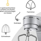 KLAMER Küchenmaschine 1800W, Knetmaschine mit 6 Liter Edelstahl Schüssel, 10 Geschwindigkeitsstufen mit Timer, Rührbesen, Knethaken, Schneebesen und Spritzschutz