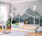 Bellabino Kinderbett Bia 140x200 cm, Hausbett Kinder inkl. Rausfallschutz und Rolllattenrost, Montessori Bodenbett weiß aus Massivholz Kiefer