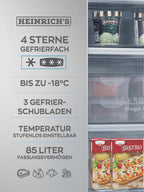 Heinrich´s Gefrierschrank 61Liter -18°C Freezer, 3x Gefrierschublade, 7 Stufen Temperaturregler, Airflow, wechselbarer Türanschlag weiß