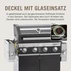 RÖSLE Elektrogrill BBQ-Portable Videro E2-P, tragbarer Tischgrill mit 2 Brennern, Warmhalterost und Deckel mit Glaseinsatz, pulverbeschichteter Stahl, schwarz/silbern