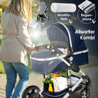 KESSER Loops 3 in 1 Kinderwagen Kombikinderwagen Komplett-Set inkl. Babywanne & Buggy Sportsitz & Auto-Babyschale Voll-Gummireifen Wickeltasche Regenschutz Kindertisch ECE R129, Schwarz/Champagne